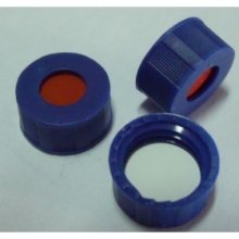 9mm短螺纹口蓝色中心孔盖，红色硅胶/白色PTFE隔垫