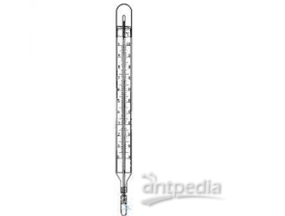 STEM THERMOMETERS, DIN 16178  OPAL GLASS SCALE, YELLOW ENAMELLED,  MERCURY FILLING,  0 +160| 2°C, L