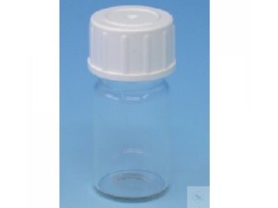 SPECIMEN BOTTLES, WITH THREAD, CAP PE,   FOR TESTS AND PILLS ETC. CLEAR GLASS,   HEIGHT 45 MM DIA. 2