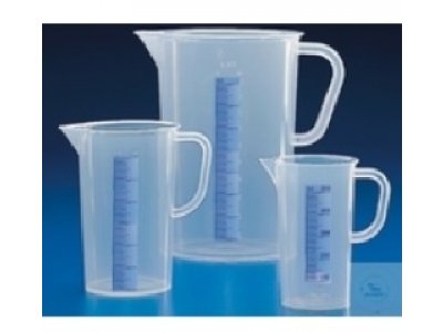 MEASURING BEAKERS. WITH HANDLE AND  SPOUT, TRANSPARENT, BLUE GRADUATED,  1000:10 ML; H 170 MM; ? 116