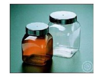 SQUARE WIDE MOUTH CONTAINER (PVC), 100 ML,   WITH SCREW CAP, AMBER-TRANSPARENT,  46 X 46 MM, HEIGHT