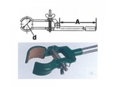 Retort clamp, stainless steel green lacquered,   length 150 mm, opening up to ? 40 mm,   with round jaws, cork lined