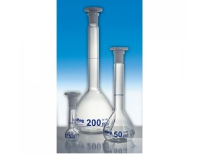 50ml A级透明玻璃容量瓶、蓝标、PE顶塞、ST12/21