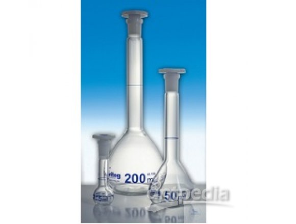 VOLUMETRIC FLASKS, 20 ML,  DIN-A, WITH ST-PE-STOPPERS,  ST 7/16, BLUE GRADUATED,  CONFORMITY CERTIFI