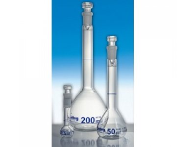 VOLUMETRIC FLASKS, DIN-A, WITH ST-HOLLOW GLASS   STOPPERS, 5 000 ML, CONFORMITY CERTIFIED, ST 34/35, BLUE GRADUATED