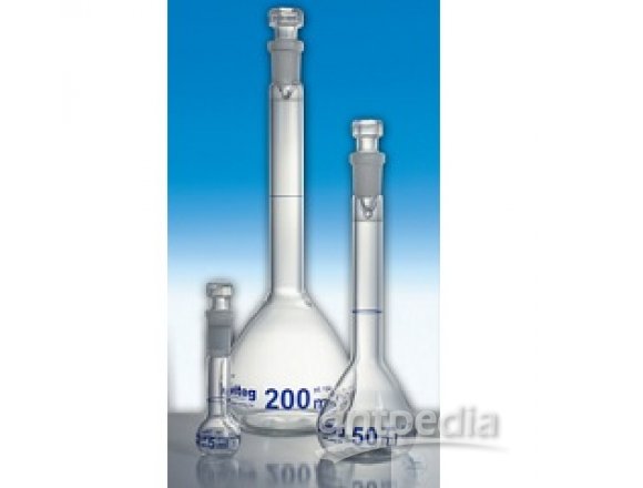 VOLUMETRIC FLASKS, CLASS-A, WITH ST-HOLLOW GLASS   STOPPERS, 200 ML CONFORMITY CERTIFIED, ST 14/23, BLUE GRADUATED