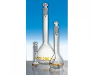 VOLUMETRIC FLASKS, 25 ML, DIN-A, CONFORMITY   CERTIFIED, W. RING MARKS,  INSCRIPTION, AMBER   STAIN