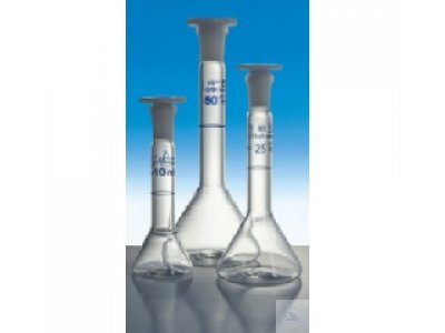 VOLUMETRIC FLASKS, TRAPEZOIDAL, WITH  ST-PE-STOPPER, DIN-A, CONF. CERT.,  100 ML, ST 14/23, DIFFICO BLUE
