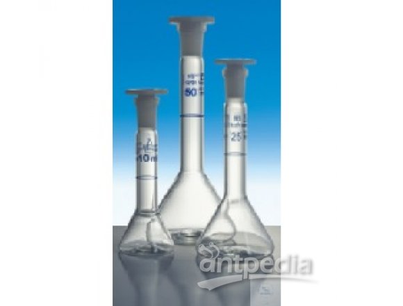 VOLUMETRIC FLASKS, TRAPEZOIDAL, WITH  ST-PE-STOPPER, DIN-A, CONF. CERT.,  10 ML, ST 7/16, DIFFICO BLUE