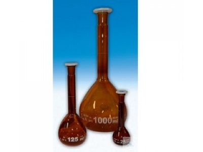 VOLUMETRIC FLASKS, AMBER, CLASS-A,  WITH PE-STOPPERS, CONFORM. CERT.,  50 ML, ST 14/23, DIFFICO WHIT