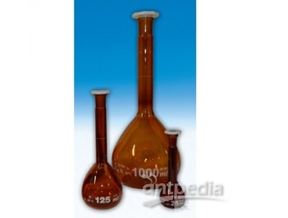 VOLUMETRIC FLASKS, 100 ML, DIN-A, AMBER  GLASS, WITH PE-STOPPERS, ST 14/23, DURAN,  CONFORMITY CERTIFIED, DIFFICO WHITE,  PACK = 10 PCS