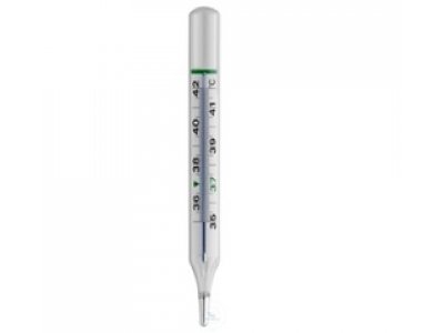 CLINICAL THERMOMETER, OVAL FORM,  ENCLOSED WHITE CHROMALUX-SCALE,  OFFICIALLY TESTED AND STAMPED,  +