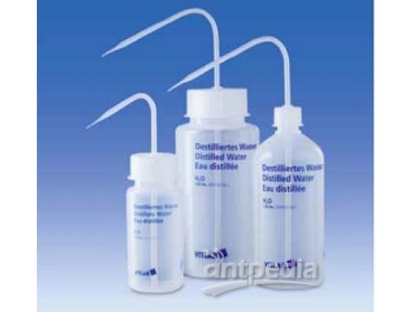Wash-Bottle, PE-LD, GL 25, wash-bottle cap, PP, Distilled Water, 250 ml