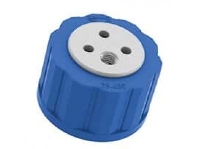 Diba Omnifit® T-Series Solvent Bottle Cap, GL45, 4 Luer ports and 1 venting port, blue; 1/ea