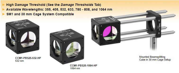 Thorlabs偏振分束立方体，高功率，激光线，已安装