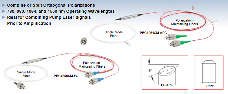 Thorlabs偏振光束合束器/分束器，基于光纤，1个单模和2个保偏端口